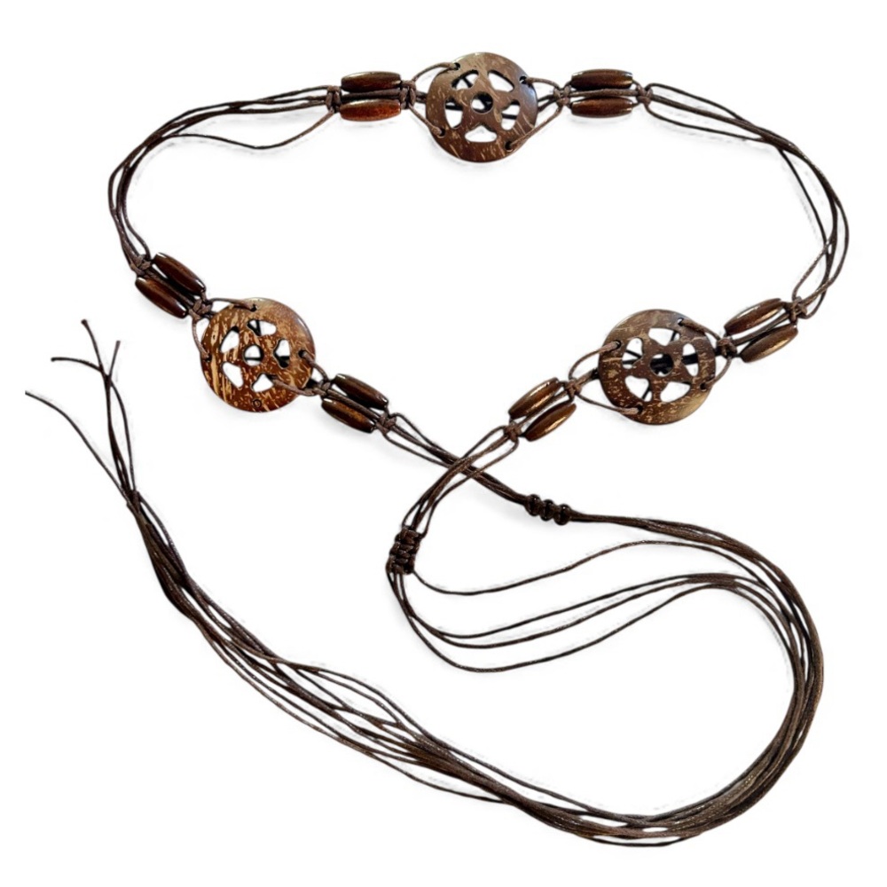 Bohemian Hippie 70’s Macrame Belt Brown Coconut Shell Wooden Beads - Picture 2 of 5